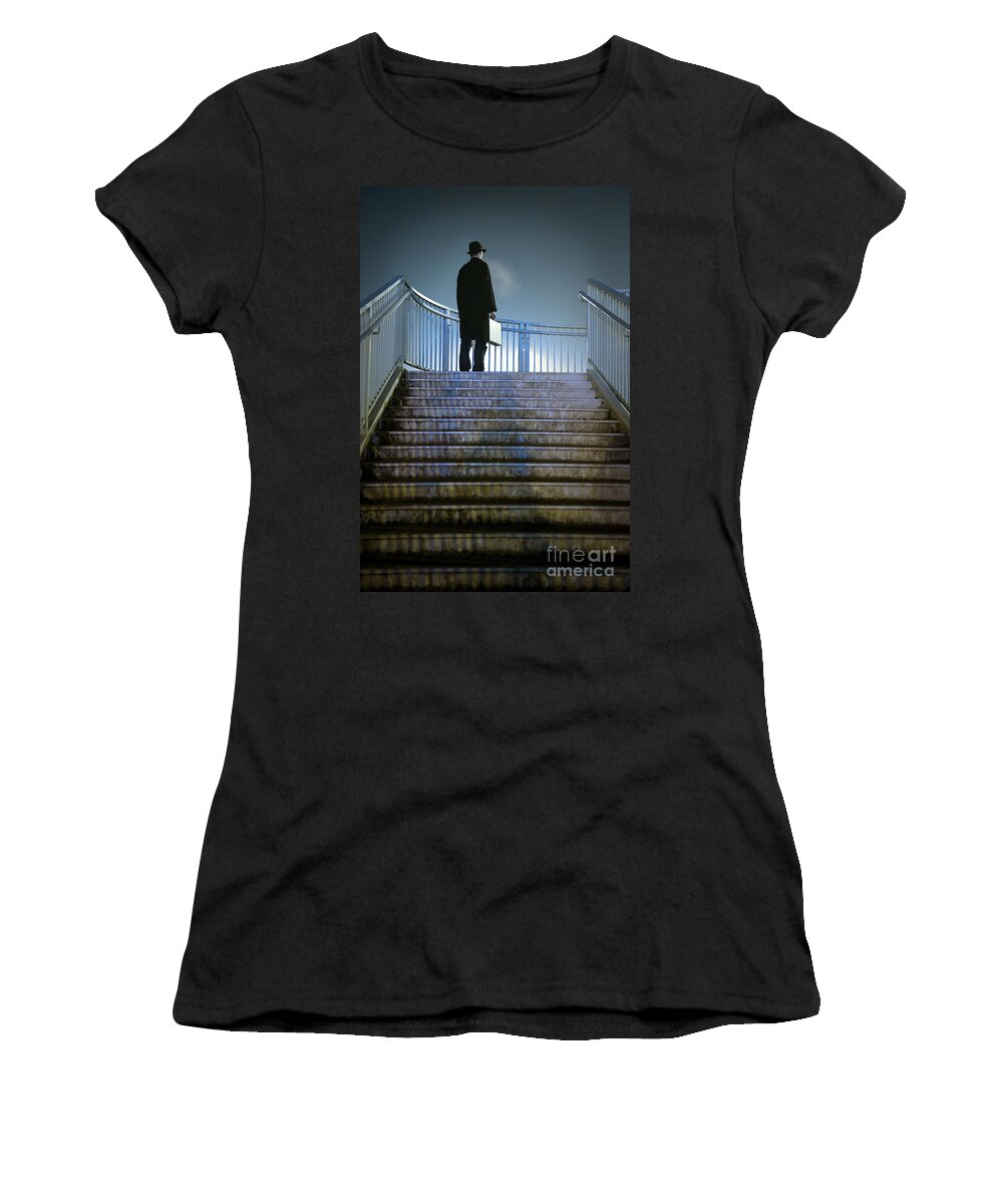 Man Women's T-Shirt featuring the photograph Man With Case At Night On Stairs by Lee Avison