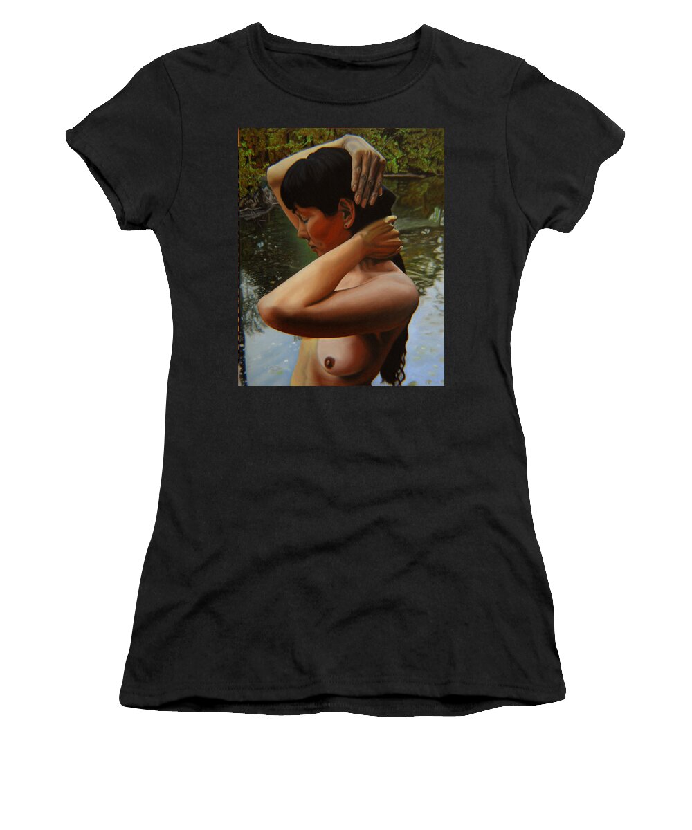 Bather Women's T-Shirt featuring the painting May Morning Arkansas River 3 by Thu Nguyen