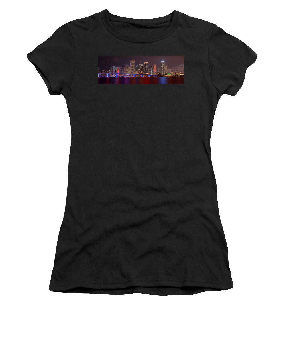 Miami Women's T-Shirt featuring the photograph Miami Skyline at Night Panorama Color by Jon Holiday