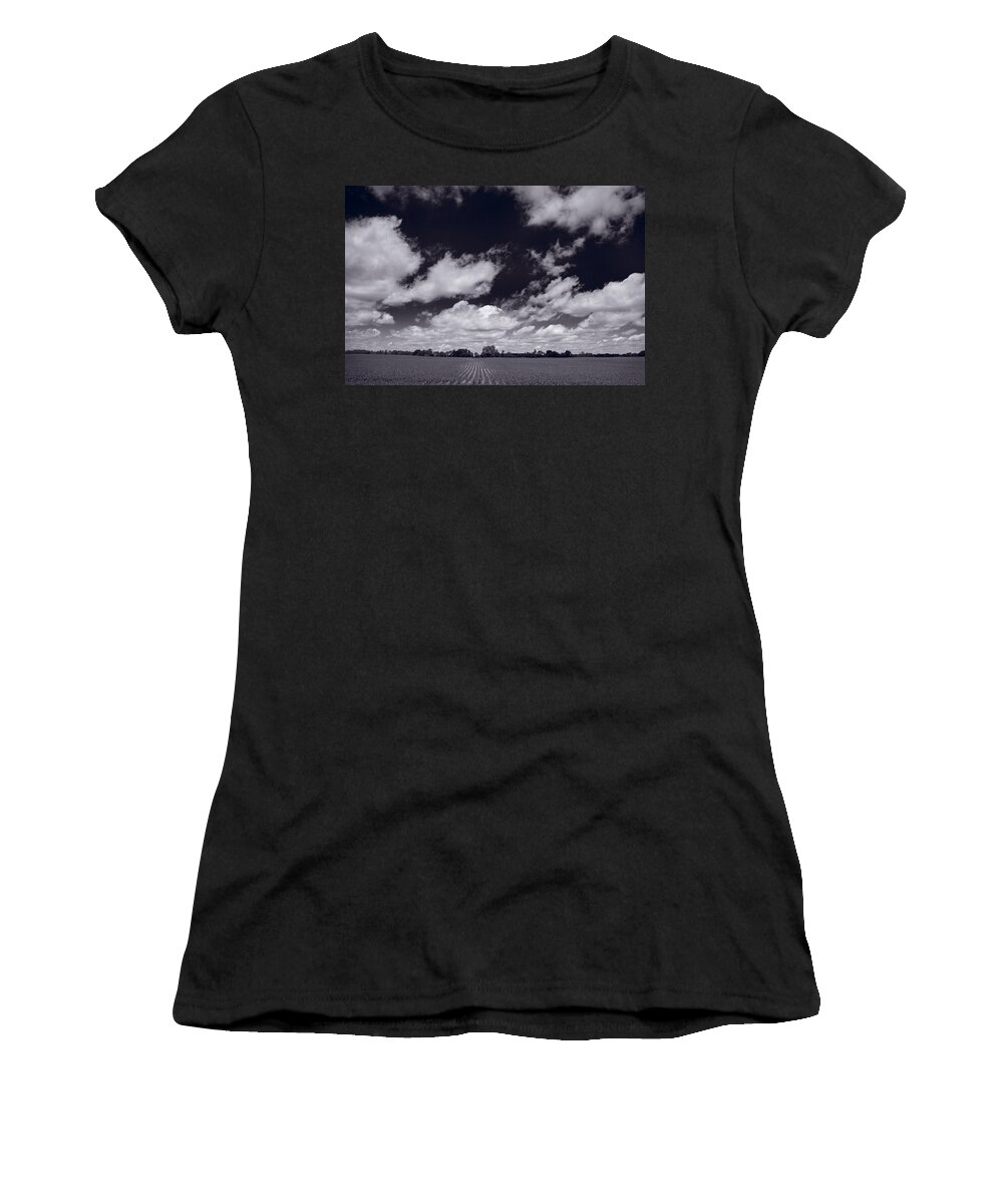 Cloud Women's T-Shirt featuring the photograph Midwest Corn Field BW by Steve Gadomski