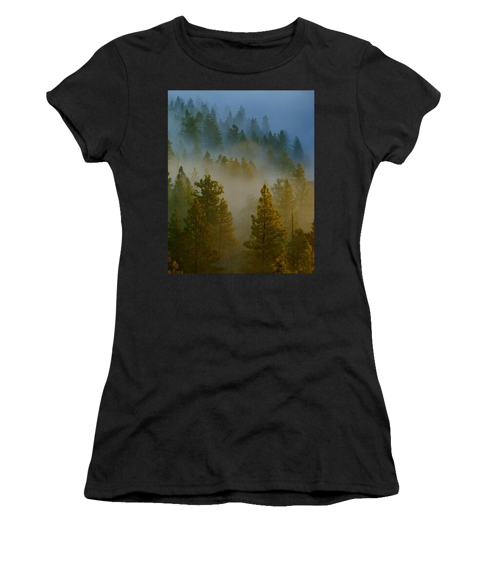 Photo Art Women's T-Shirt featuring the photograph Misty Morning in the Pines by Ben Upham III