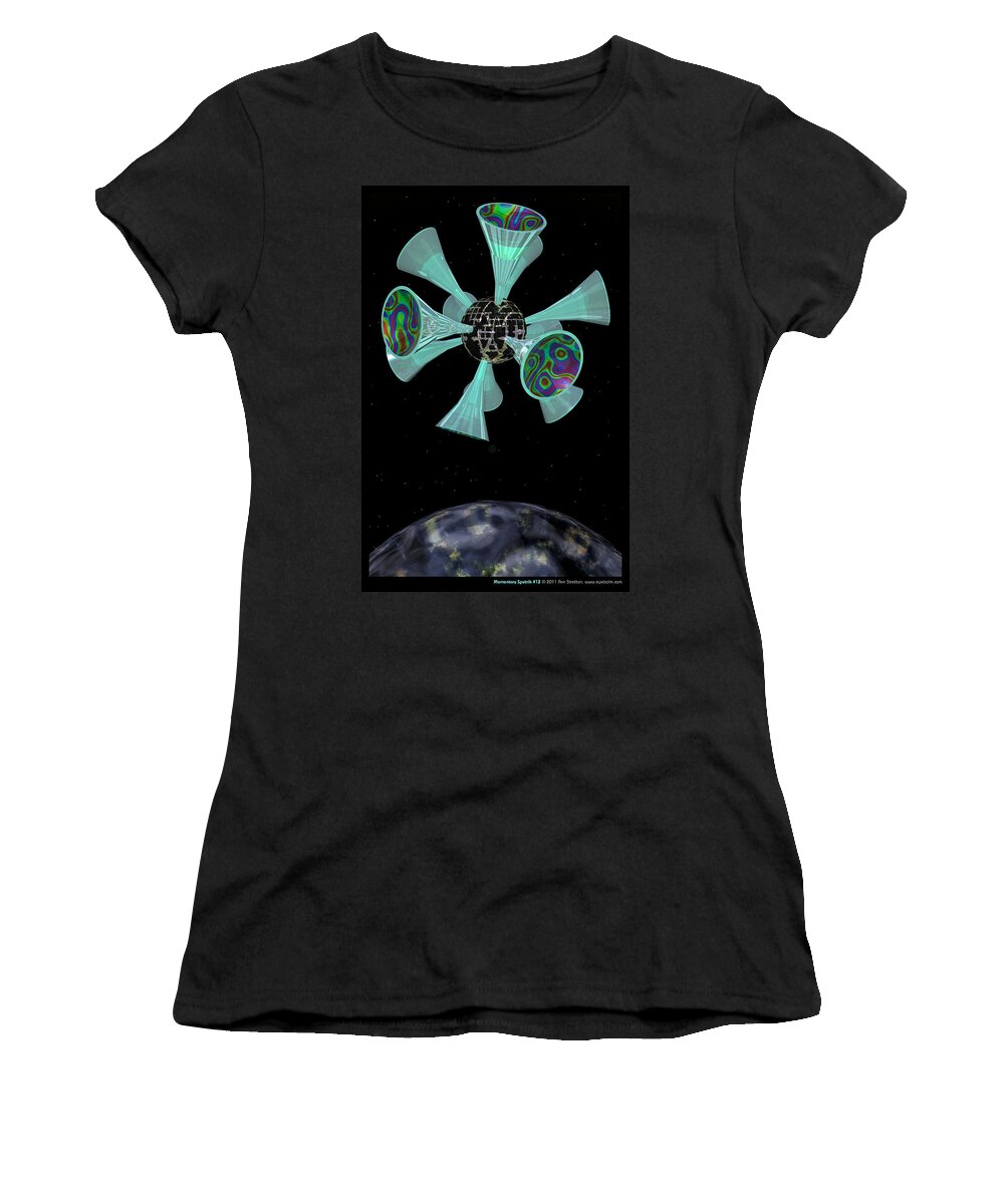 3d Art: 3d Art; Abstract: Geometric; Science Fiction & Fantasy: Dreamscapes; Science Fiction & Fantasy: Space Women's T-Shirt featuring the digital art Momentary Sputnik 13 by Ann Stretton