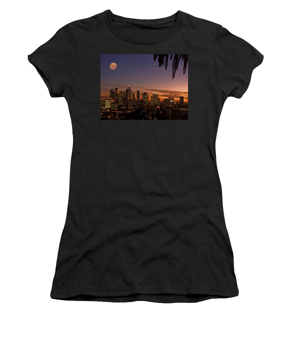 City Skyline Women's T-Shirt featuring the photograph Moon over L.A. by Guillermo Rodriguez
