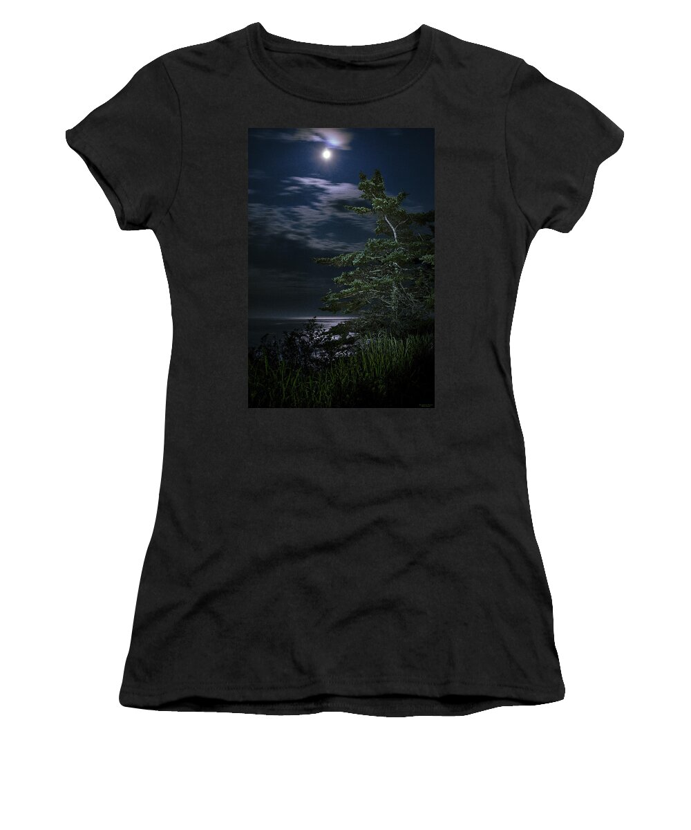 Quoddy Women's T-Shirt featuring the photograph Moonlit Treescape by Marty Saccone