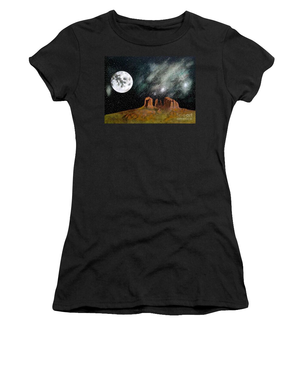 John Lyes Women's T-Shirt featuring the painting Moonrise Over Sedona by John Lyes