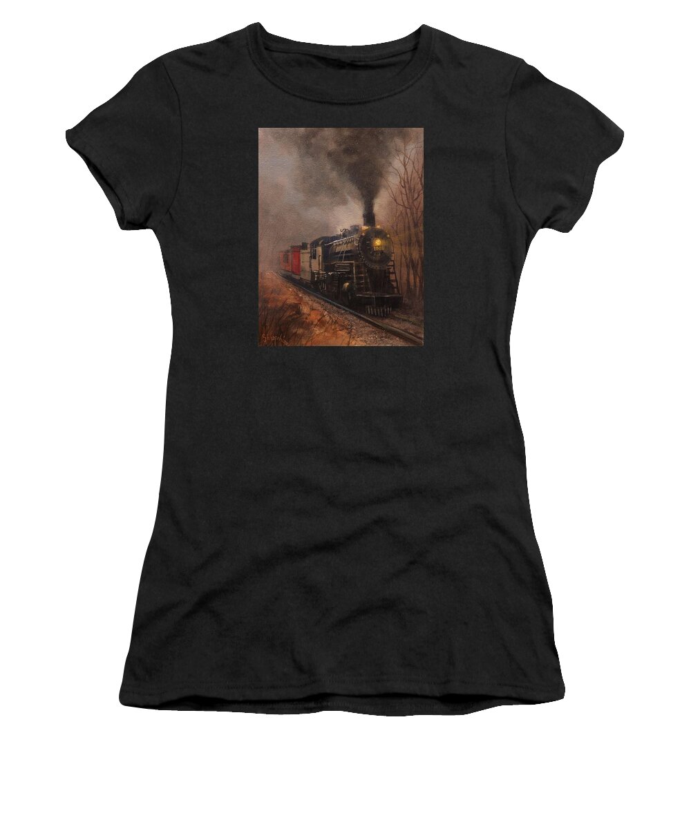 Landscape Women's T-Shirt featuring the painting Morning Mist Soo Line 1003 by Tom Shropshire