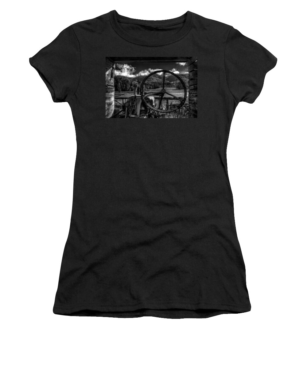 Western North Carolina Mountains Women's T-Shirt featuring the photograph Mountain Farm View in Black and White by Greg and Chrystal Mimbs