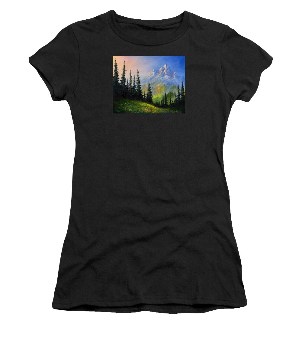 Morning Women's T-Shirt featuring the painting Mountain Morning by Chris Steele