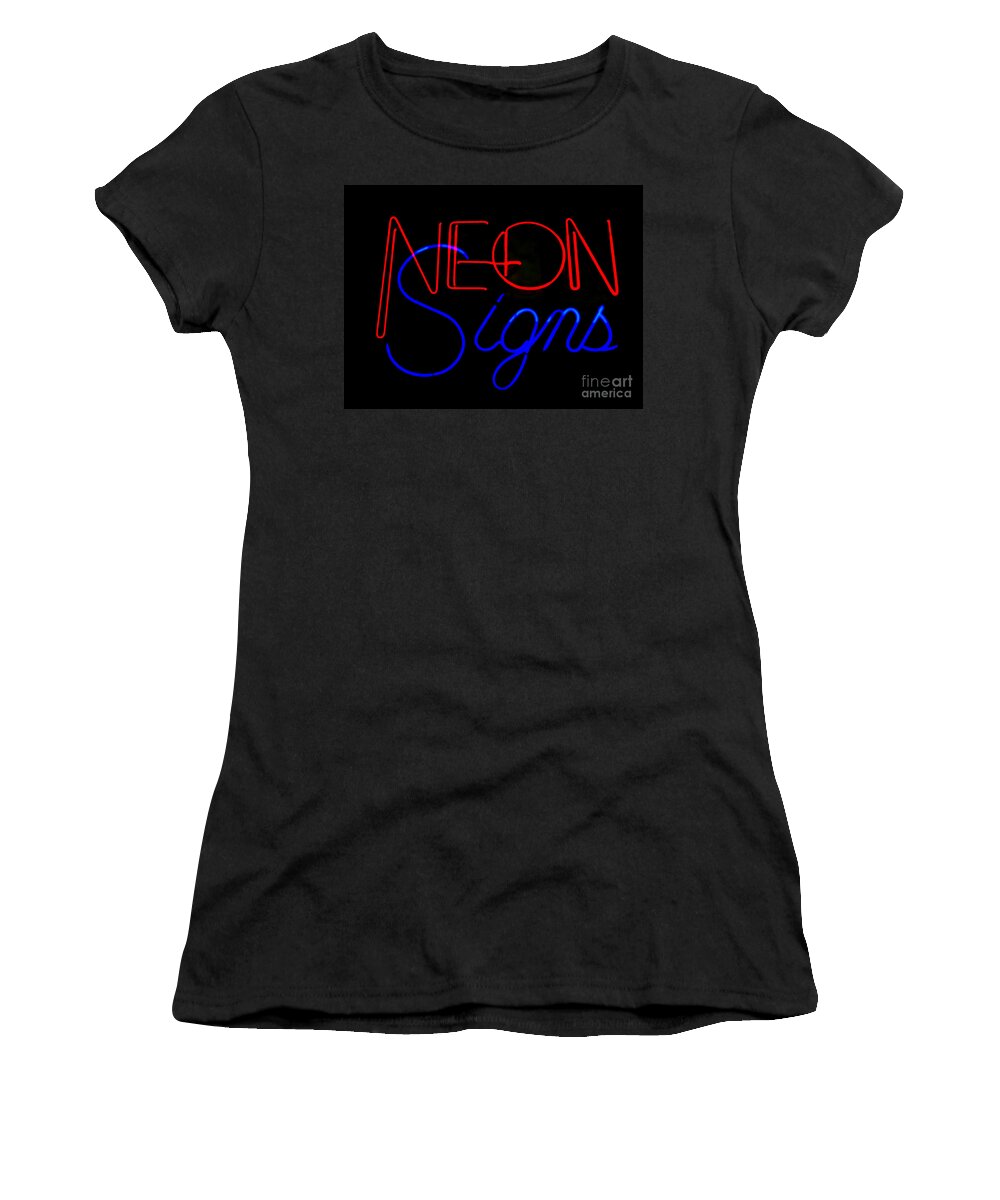  Women's T-Shirt featuring the photograph Neon Signs in Black by Kelly Awad