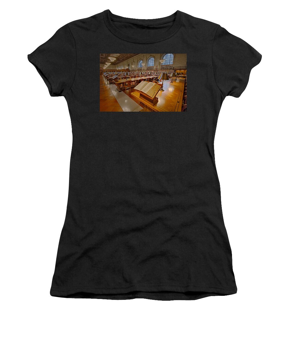 The New York Public Library Women's T-Shirt featuring the photograph New York Public Library Rose Main Reading Room by Susan Candelario