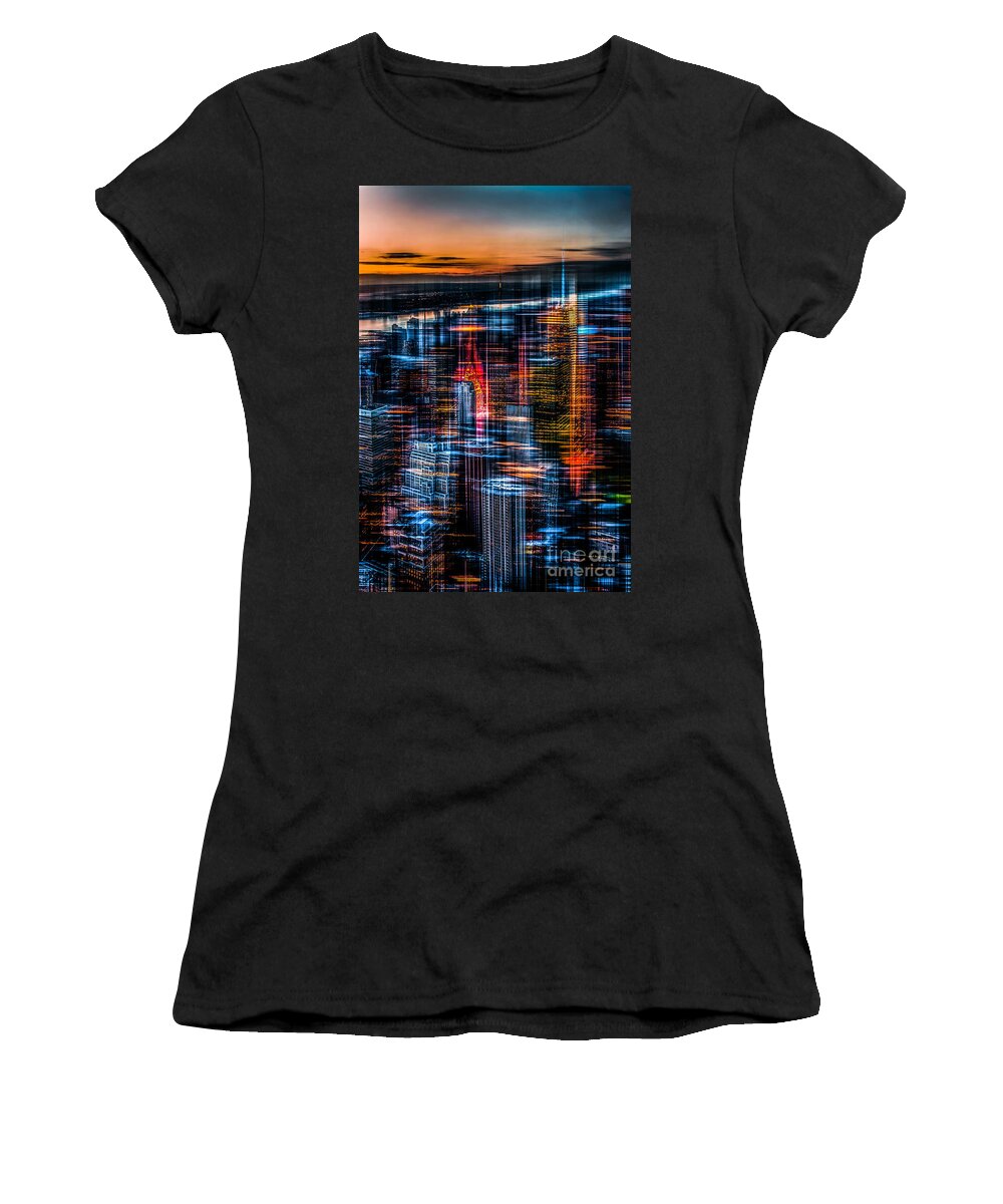 Nyc Women's T-Shirt featuring the photograph New York- the night awakes - orange by Hannes Cmarits