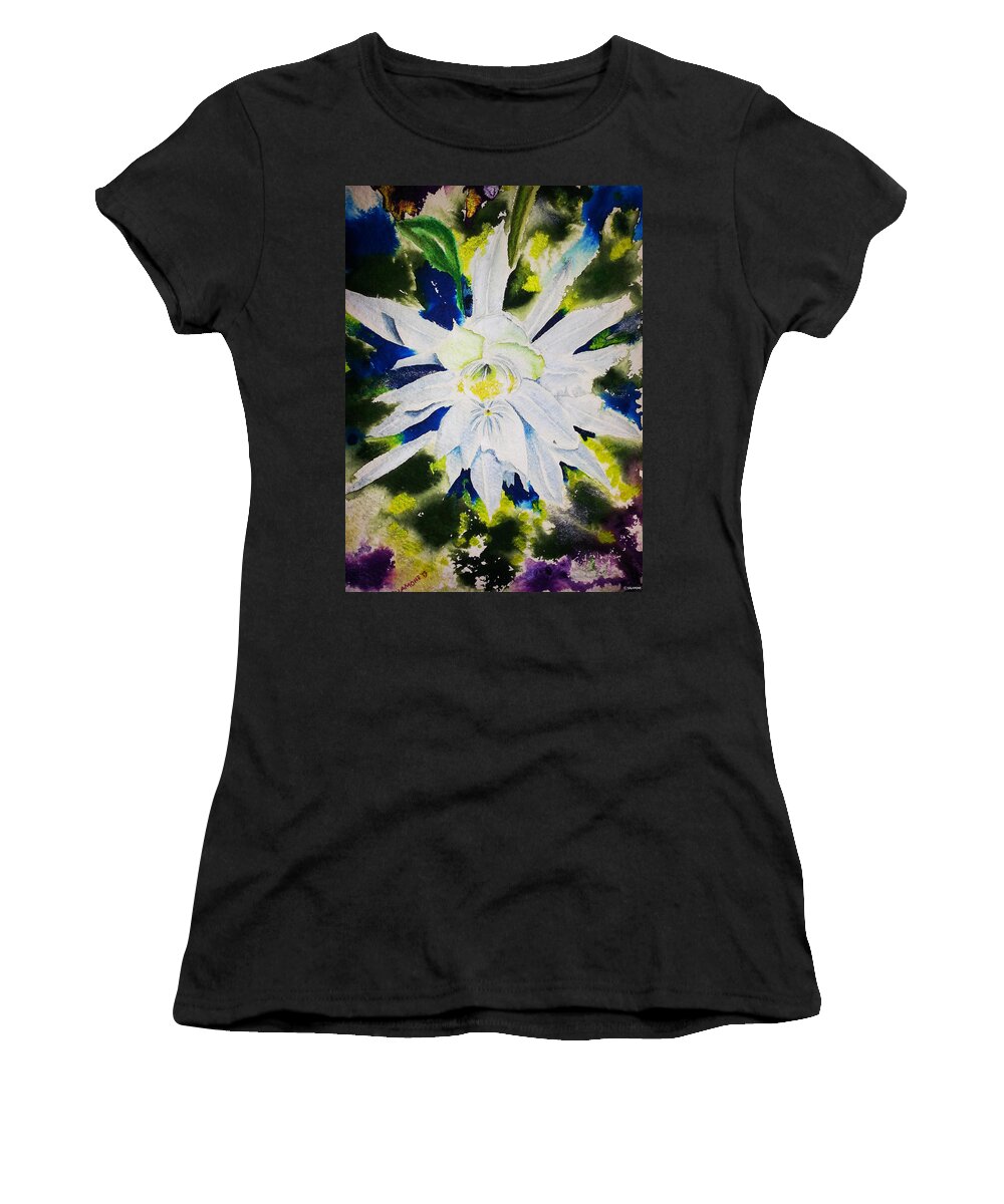 Flower Lily Epiphyllum Cactus Colorful Nature Night Women's T-Shirt featuring the painting Night Bloomer by Brenda Salamone