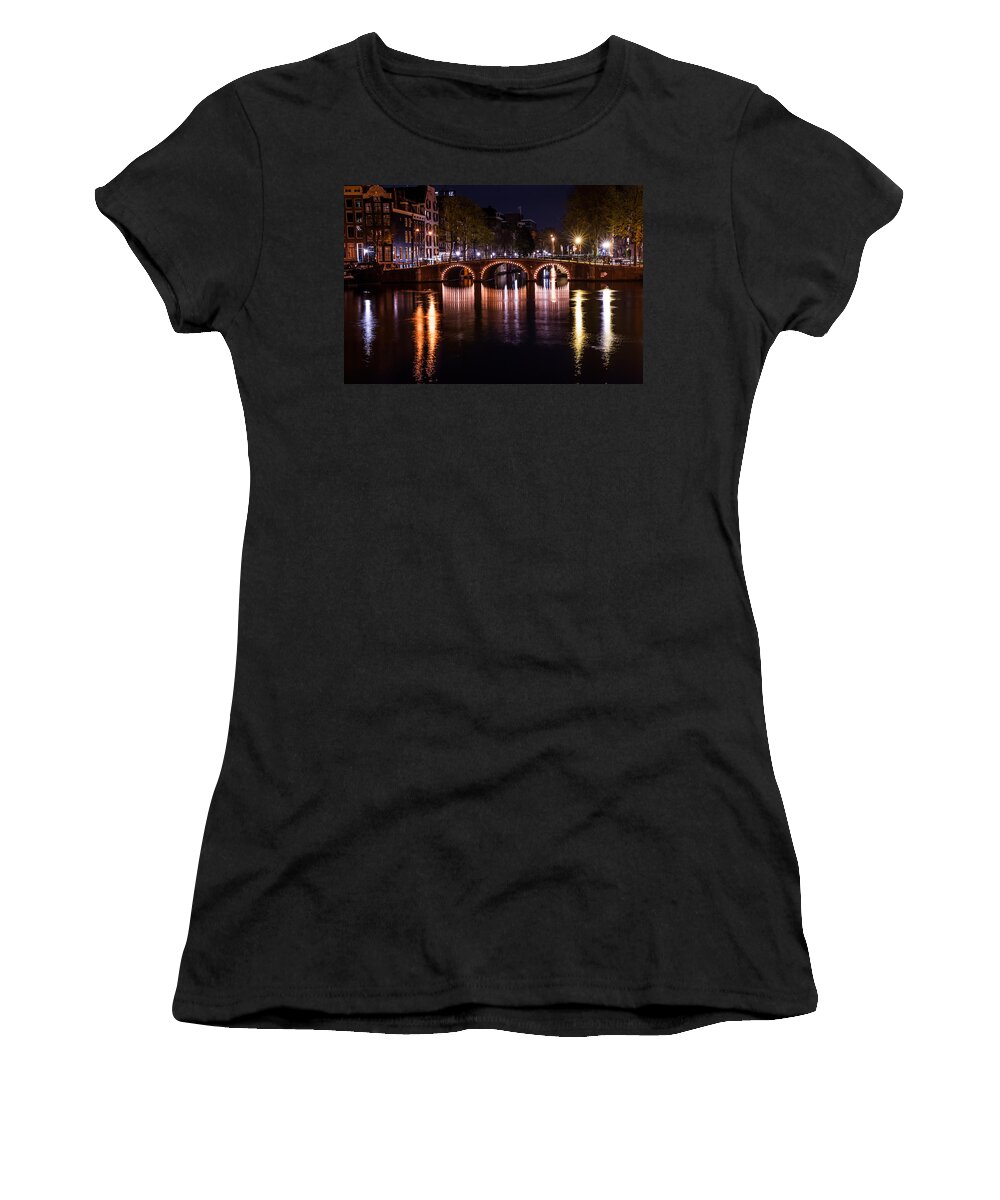 Amsterdam Women's T-Shirt featuring the photograph Night Lights on the Amsterdam Canals 4. Holland by Jenny Rainbow