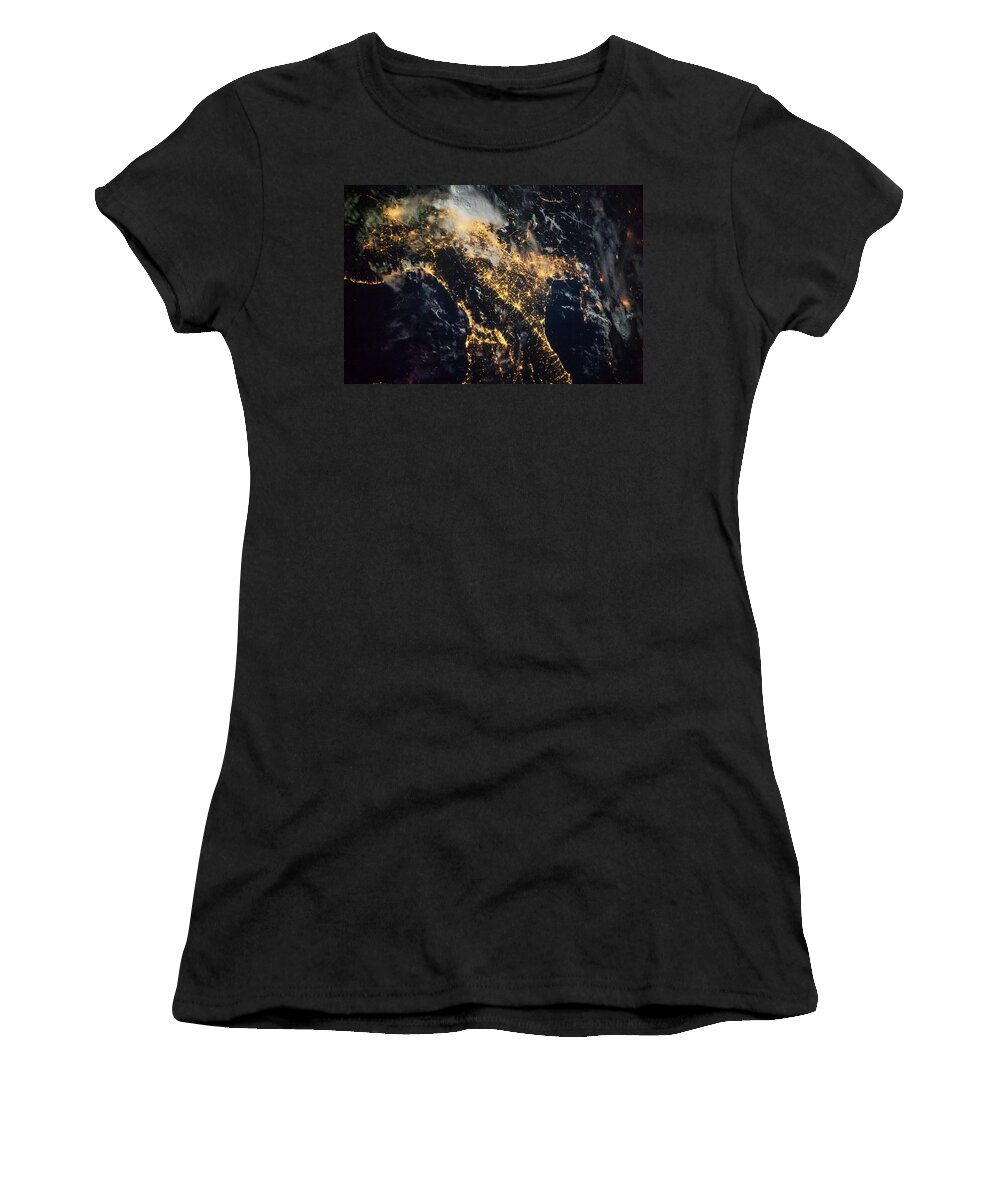 Photography Women's T-Shirt featuring the photograph Night Time Satellite Image Of Genoa by Panoramic Images