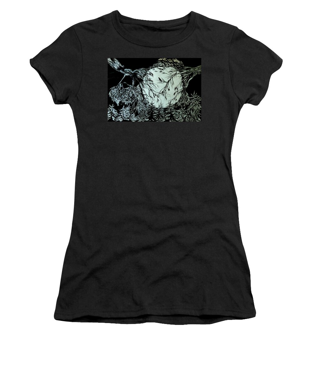 Pen And Ink Women's T-Shirt featuring the drawing Nightingale Song. Part Three by Anna Duyunova