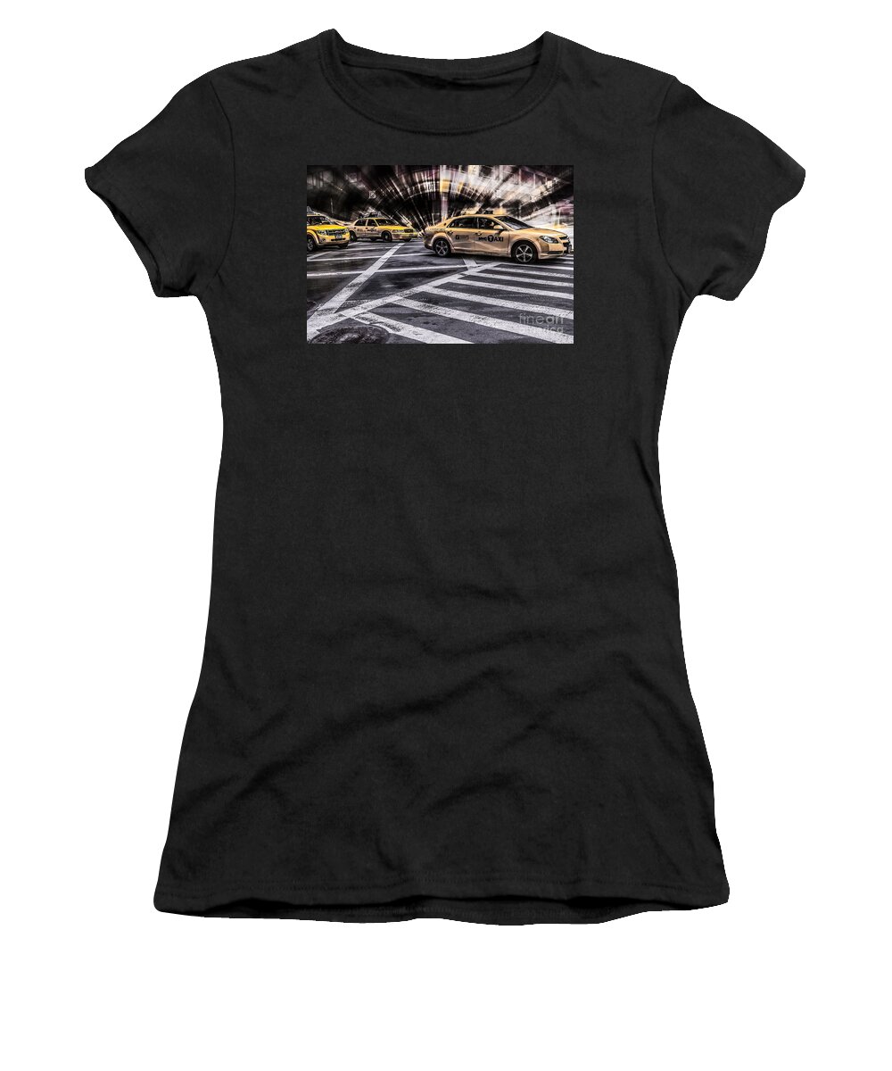 5th Women's T-Shirt featuring the photograph NYC Yellow Cab on 5th Street - white by Hannes Cmarits
