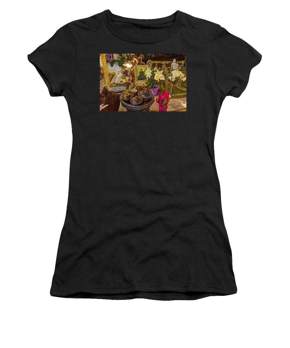 Cambodian Buddhist Temple Women's T-Shirt featuring the photograph Offerings by Amanda Stadther