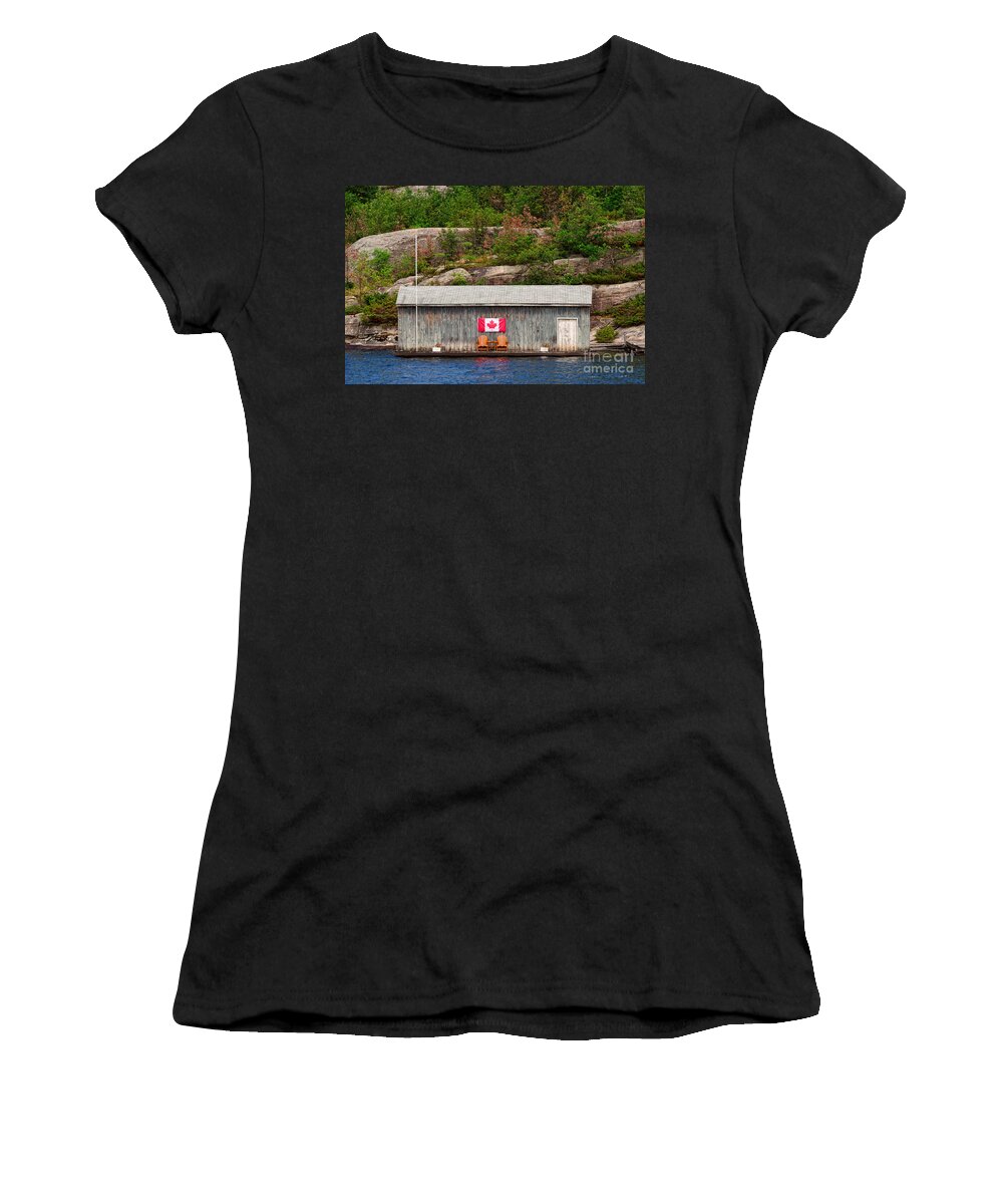 Boathouse Women's T-Shirt featuring the photograph Old boathouse with two Muskoka chairs by Les Palenik