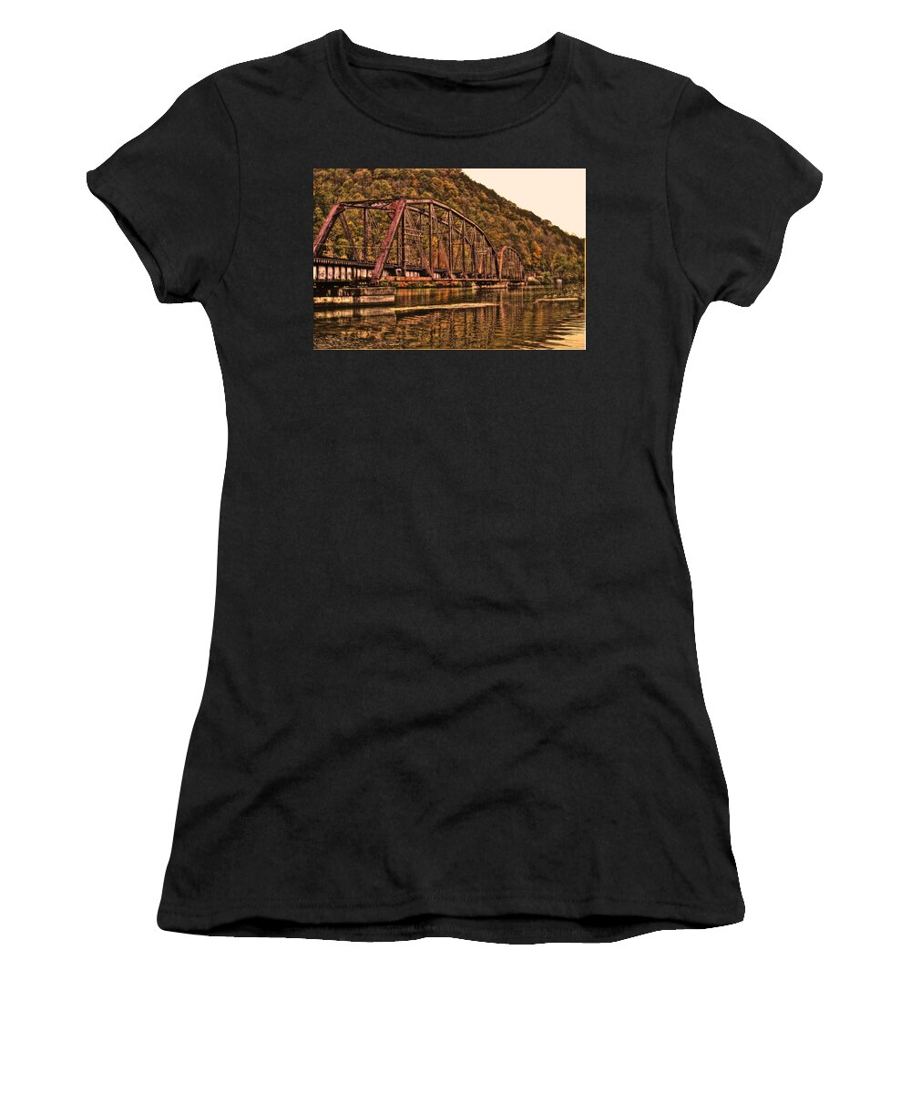 River Women's T-Shirt featuring the photograph Old Railroad Bridge with Sepia Tones by Jonny D