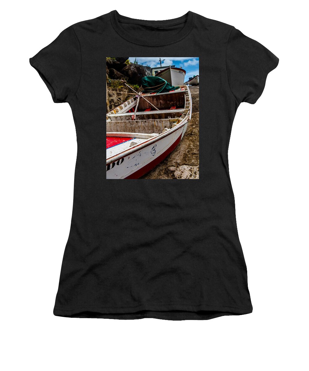 Beach Women's T-Shirt featuring the photograph Old wooden fishing boat on dock by Joseph Amaral