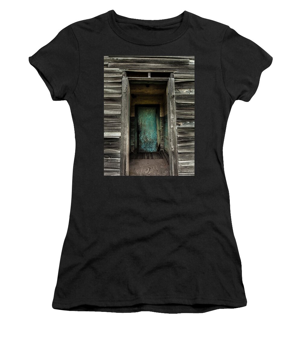 Weathered Wood Women's T-Shirt featuring the photograph One Room Schoolhouse Door - Damascus - Pennsylvania by David Smith