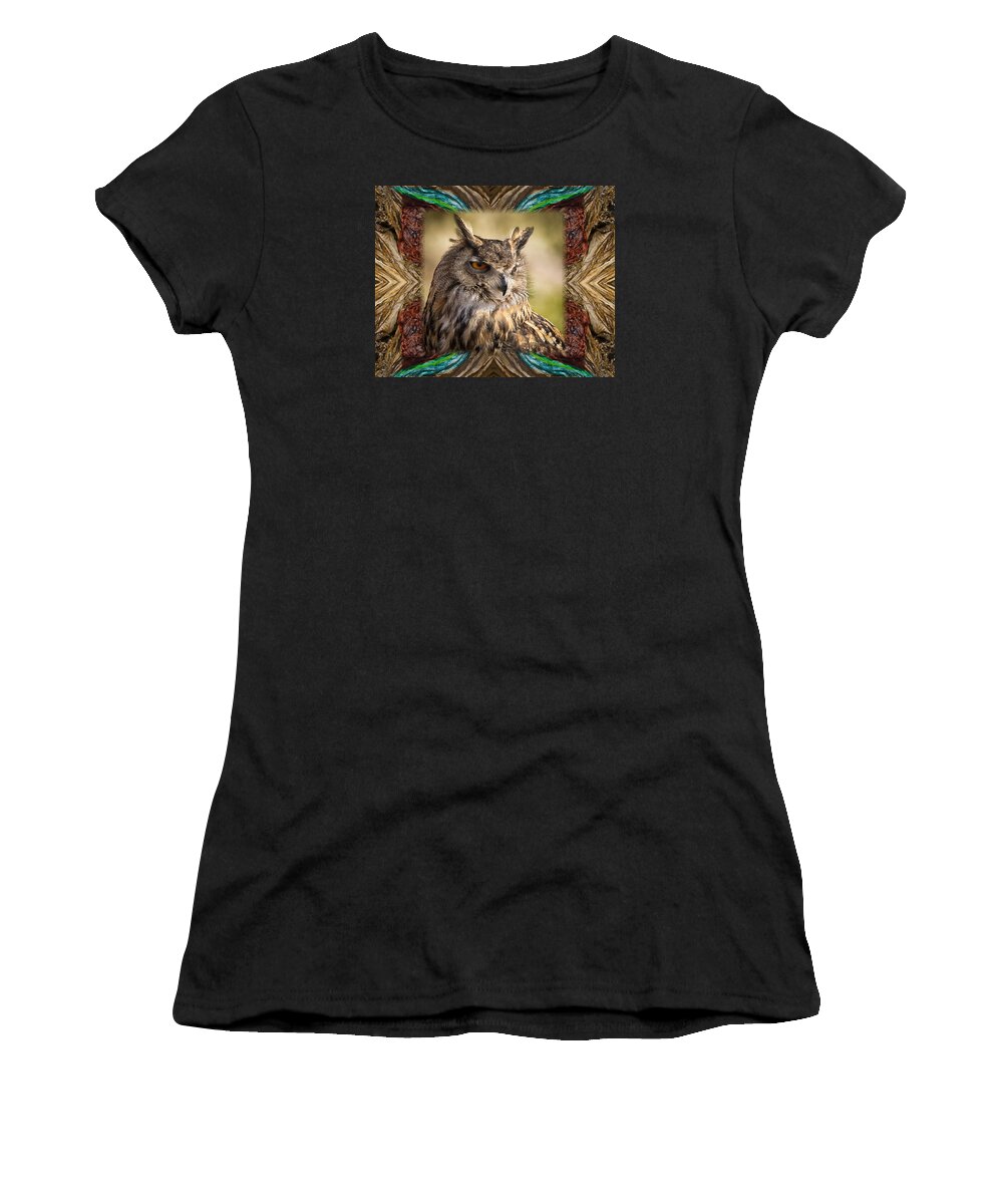 Owl Women's T-Shirt featuring the photograph Owl with Collage Border by Janis Knight