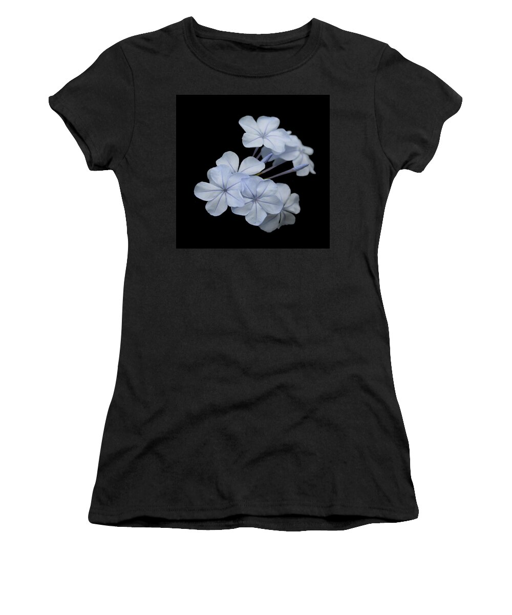 Plumbago Women's T-Shirt featuring the photograph Pale Blue Plumbago Isolated on Black Background by Taiche Acrylic Art