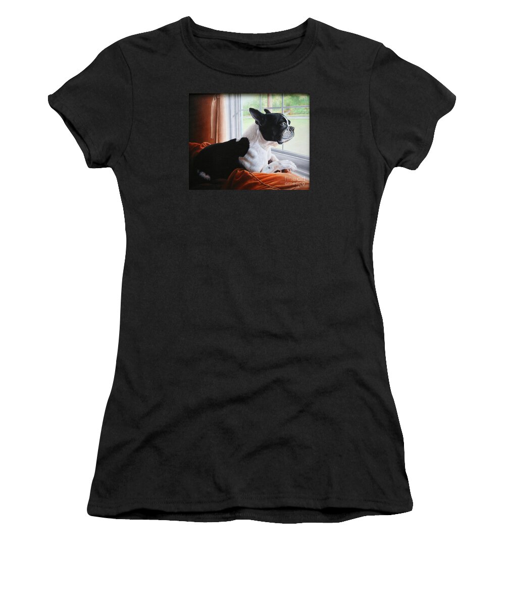 Boston Terrier Women's T-Shirt featuring the painting Patiently Waiting by Mike Ivey