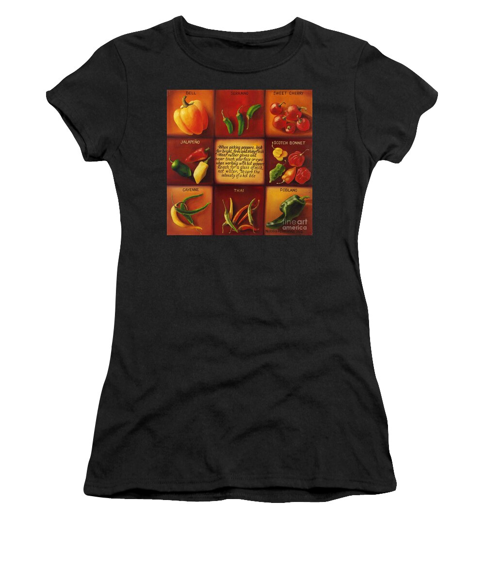Peppers Women's T-Shirt featuring the painting Pepper Facts by Natalia Astankina
