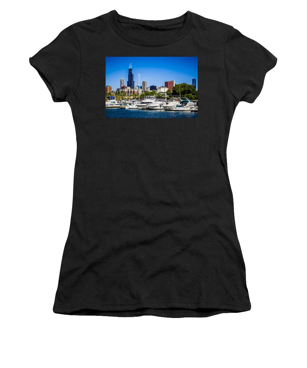 America Women's T-Shirt featuring the photograph Photo of Chicago Skyline with Burnham Harbor by Paul Velgos