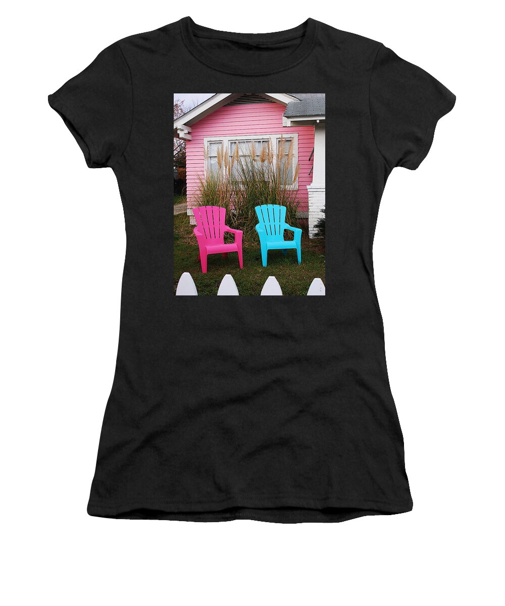 Pink Women's T-Shirt featuring the photograph Pink and Blue Chairs by Jan Marvin by Jan Marvin
