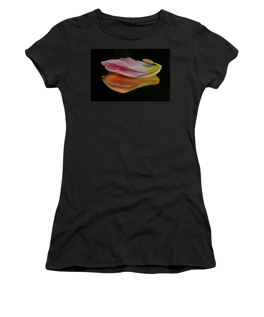 Flower Women's T-Shirt featuring the photograph Pink Tulip Petal Reflected on Black by Phyllis Meinke