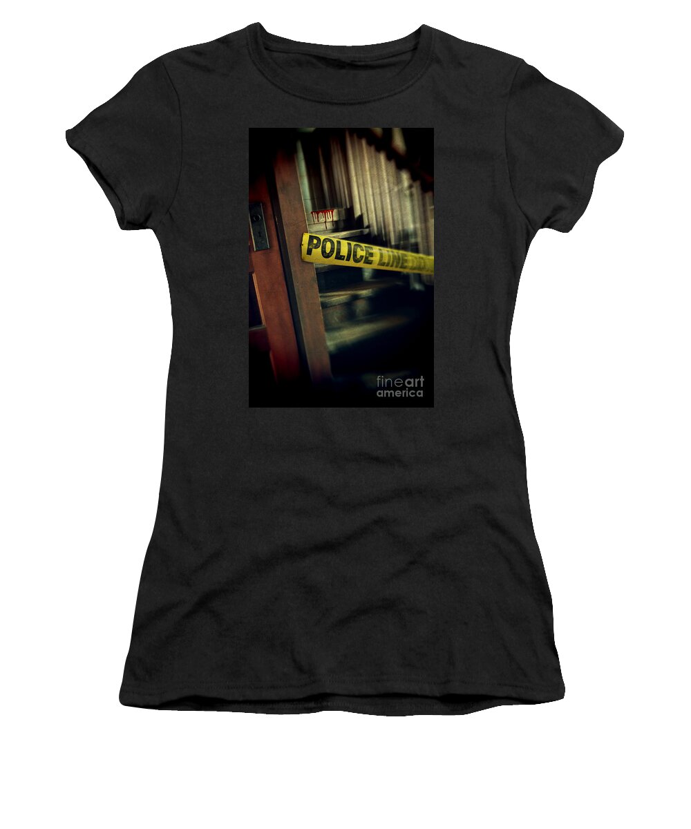 Police Women's T-Shirt featuring the photograph Police Tape Blocking Bloody Stairs by Jill Battaglia