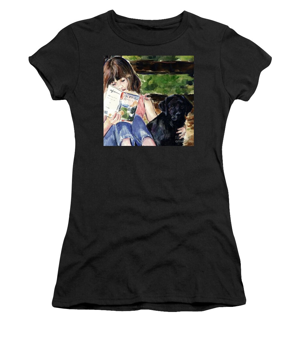 Black Lab Puppy Women's T-Shirt featuring the painting Pup and Paperback by Molly Poole