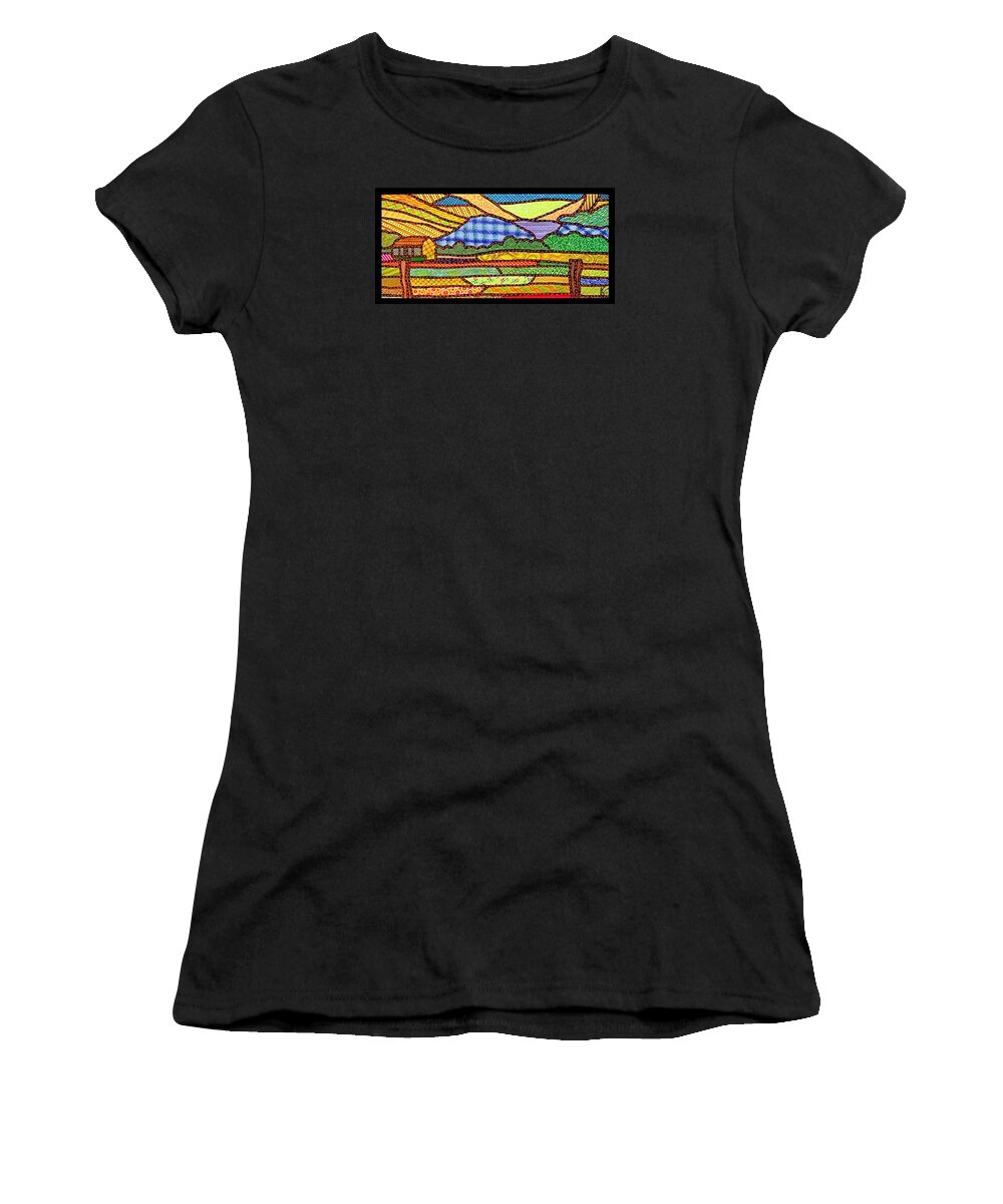 Massanutten Mountain Women's T-Shirt featuring the painting Quilted Massanutten Sunset by Jim Harris