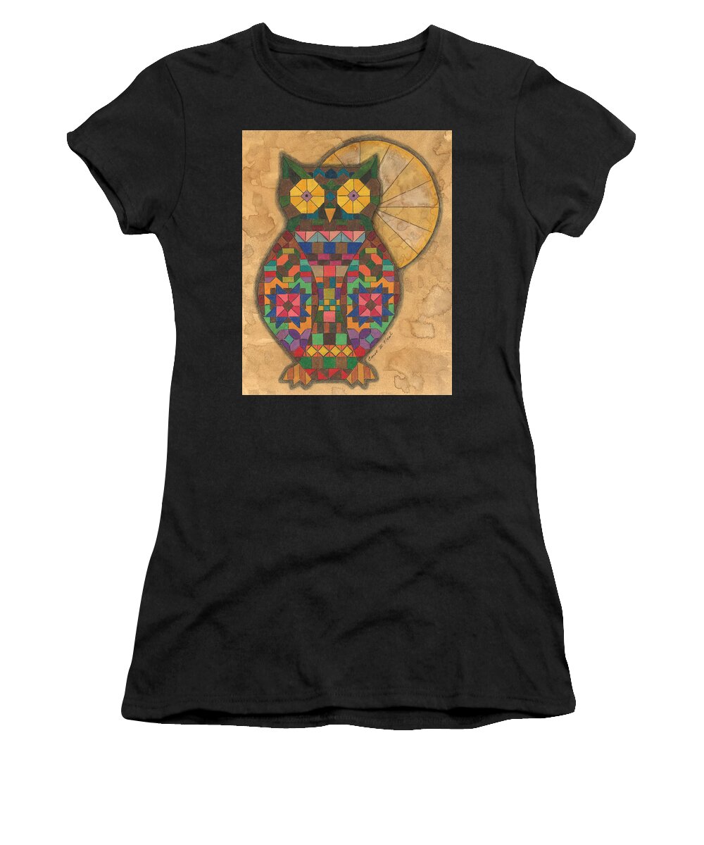 Owl Women's T-Shirt featuring the drawing Quilted Owl by Carol Neal