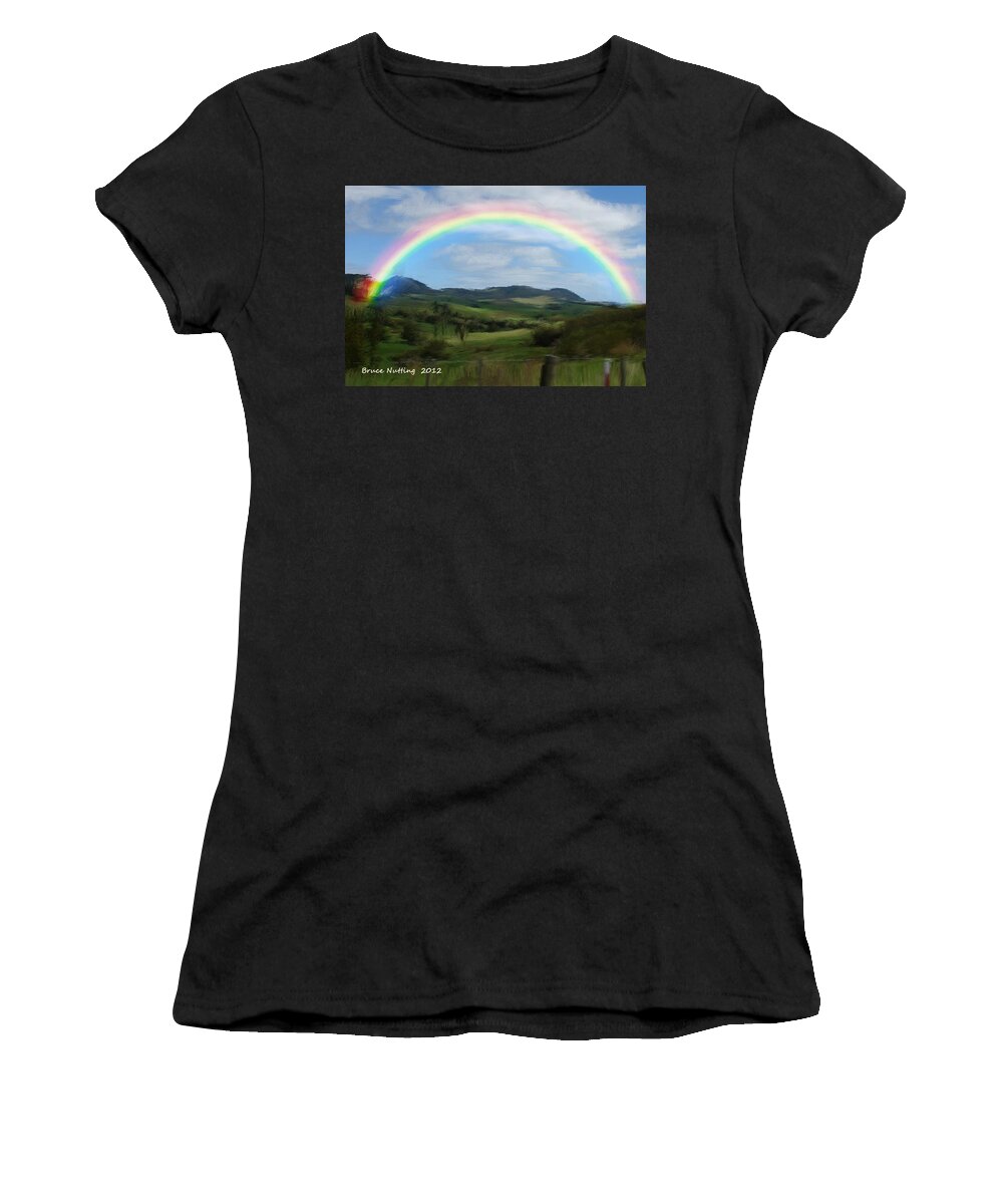 Rainbow Women's T-Shirt featuring the painting Rainbow Over the Valley by Bruce Nutting