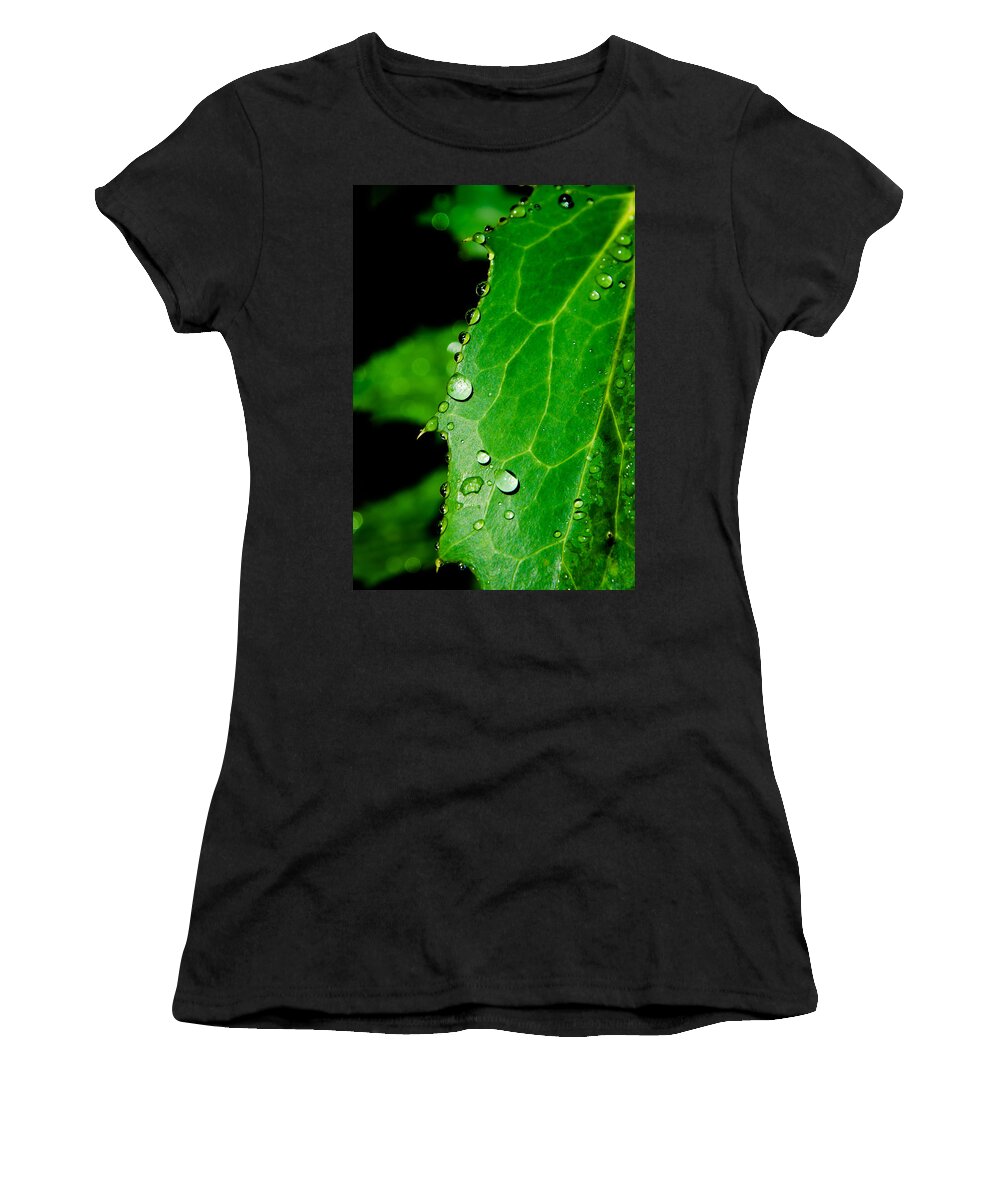 Raindrops Women's T-Shirt featuring the photograph Raindrops On Green Leaf by Andreas Berthold