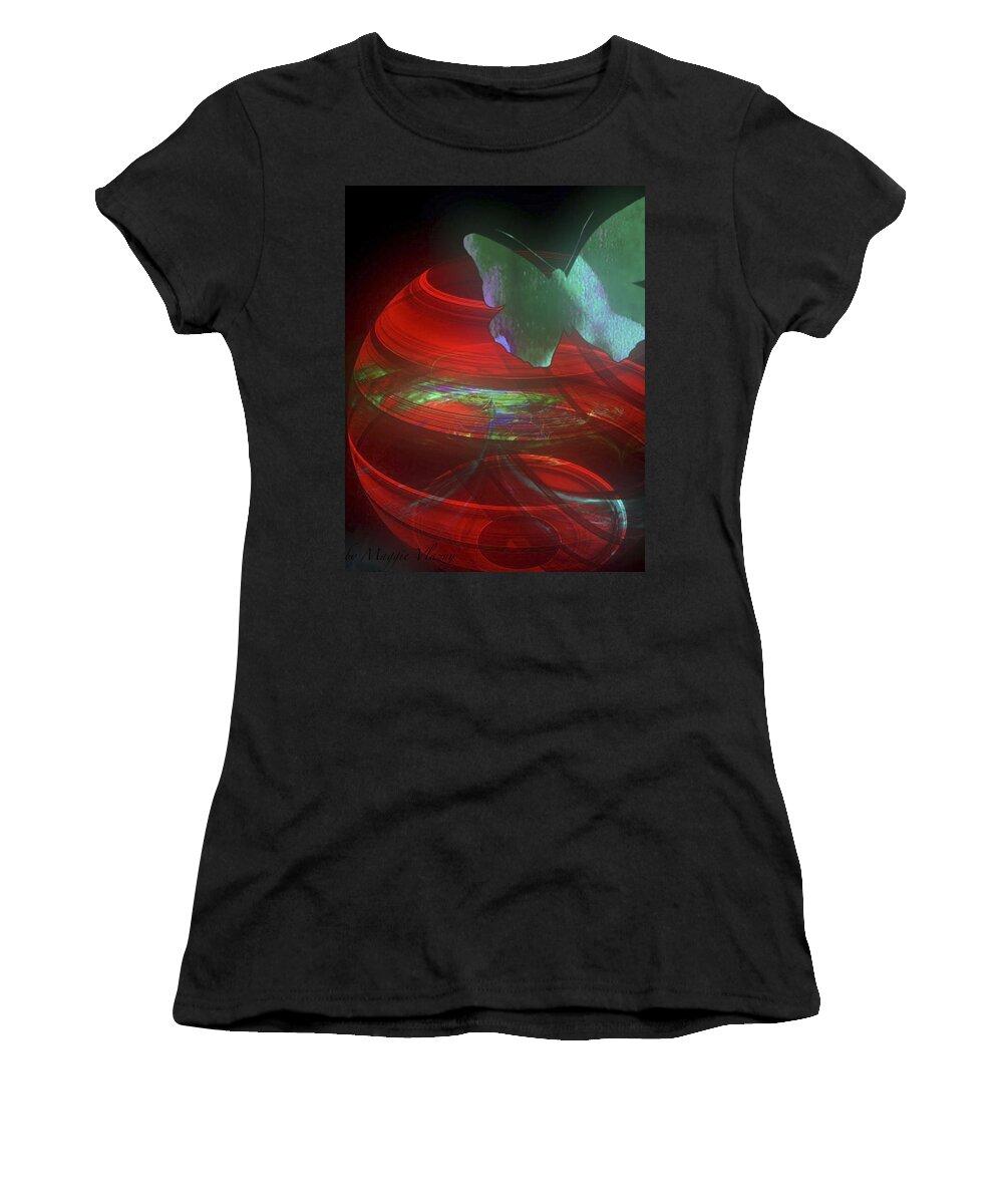 Red Fractal Bowl With Butterfly Women's T-Shirt featuring the digital art Red Fractal Bowl with Butterfly by Femina Photo Art By Maggie