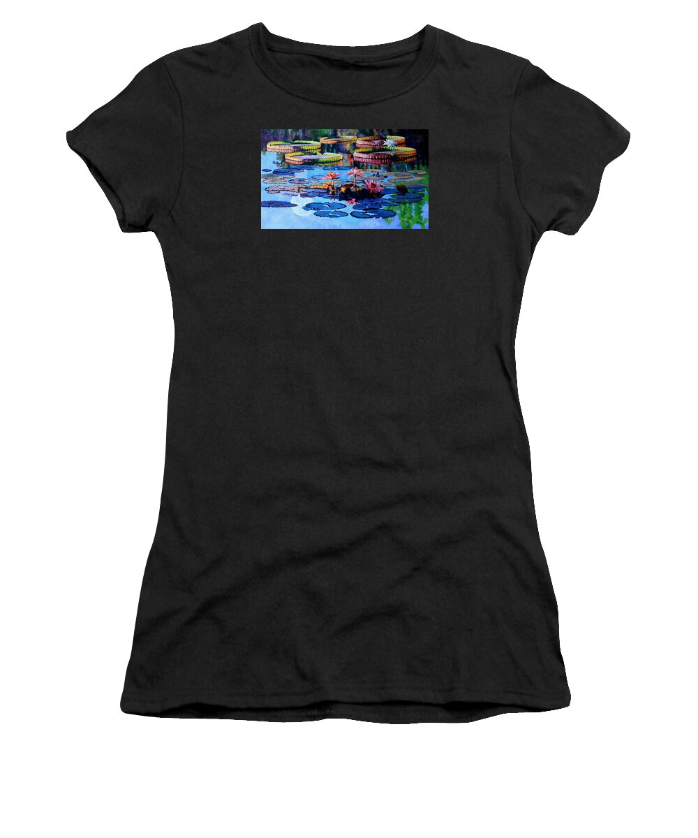 Garden Pond Women's T-Shirt featuring the painting Reflections of Nature's Beauty by John Lautermilch