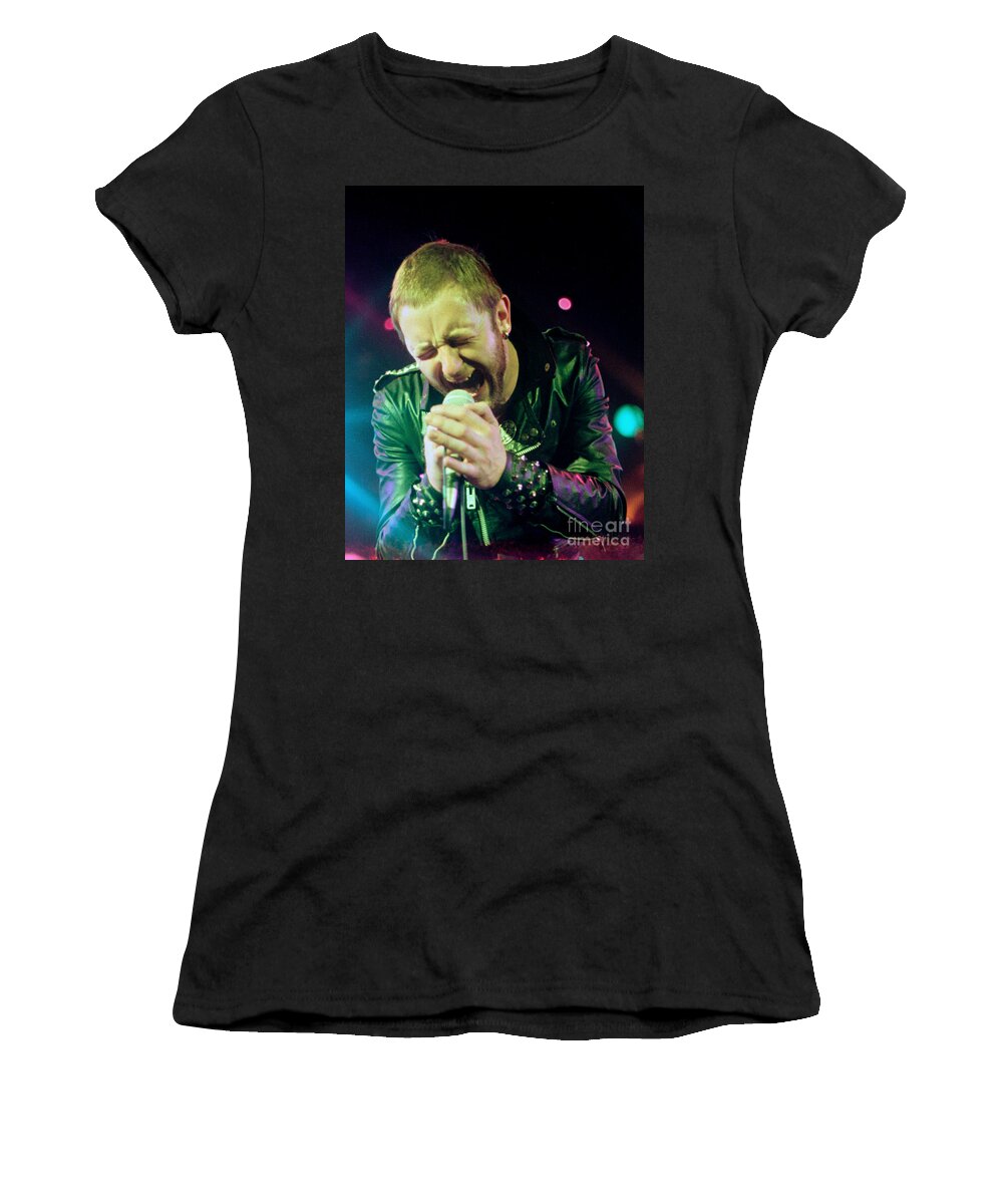 Concert Photos For Sale Women's T-Shirt featuring the photograph Rob Halford of Judas Priest without flames effect- Warfield Theater during British Steel-Unreleased by Daniel Larsen
