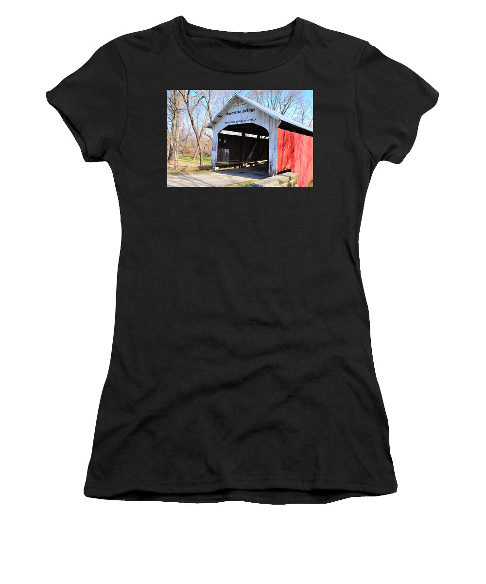 Roseville Bridge Women's T-Shirt featuring the photograph Roseville Covered Bridge by David Arment