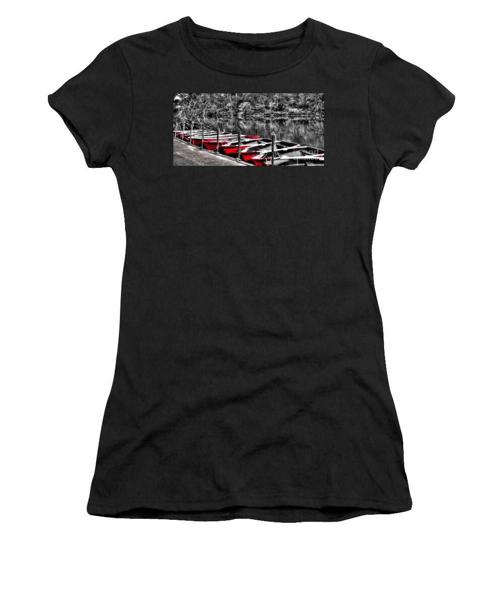 Photography Women's T-Shirt featuring the photograph Row of Red Rowing Boats by Kaye Menner