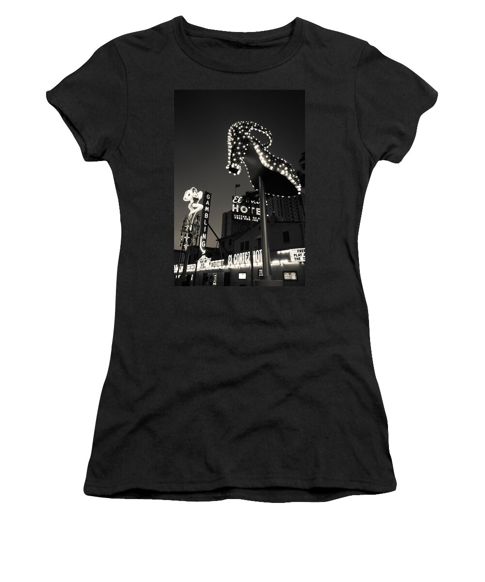 Photography Women's T-Shirt featuring the photograph Ruby Slipper Neon Sign Lit Up At Dusk by Panoramic Images