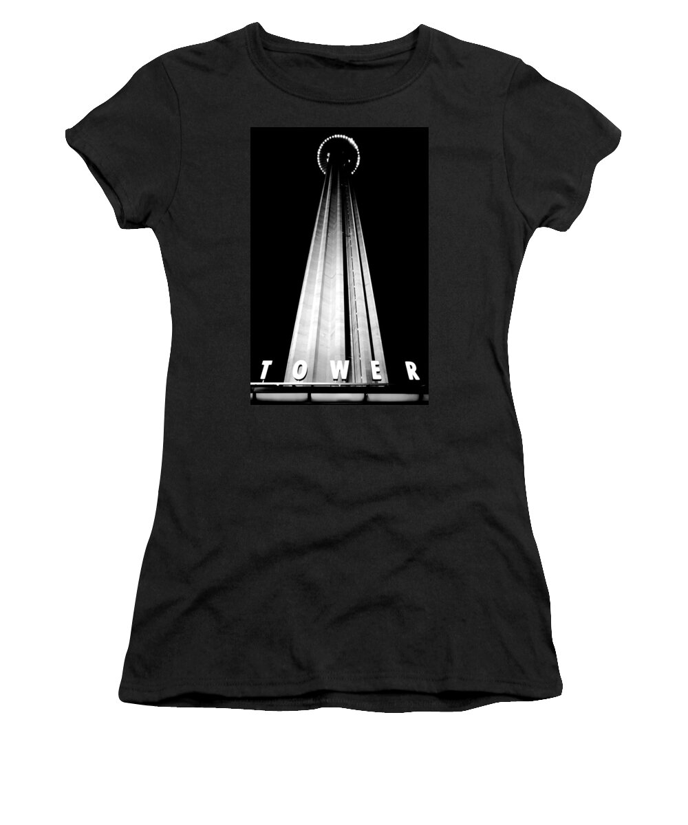 San Antonio Women's T-Shirt featuring the digital art San Antonio Tower of the Americas HemisFair Park Space Needle Tower Restaurant Black and White by Shawn O'Brien