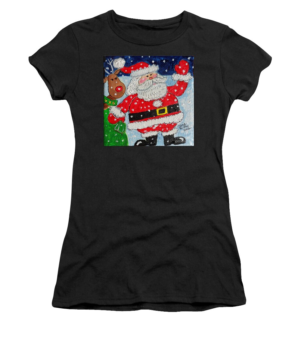 Santa Women's T-Shirt featuring the painting Santa and Rudolph by Julie Brugh Riffey