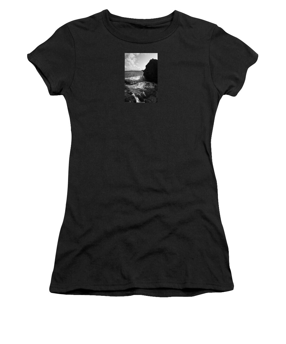 Abstract Women's T-Shirt featuring the photograph Black stone appears like a head tenderly kissing mediterranean as an unknow lover - Sea Kiss by Pedro Cardona Llambias