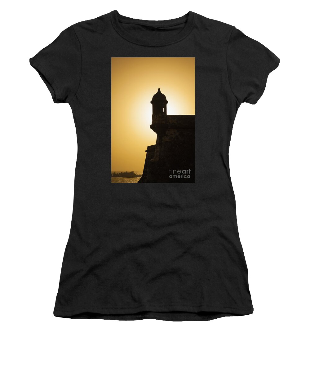 Agefotostock Women's T-Shirt featuring the photograph Sentry Box at Sunset at El Morro Fortress in Old San Juan by Bryan Mullennix