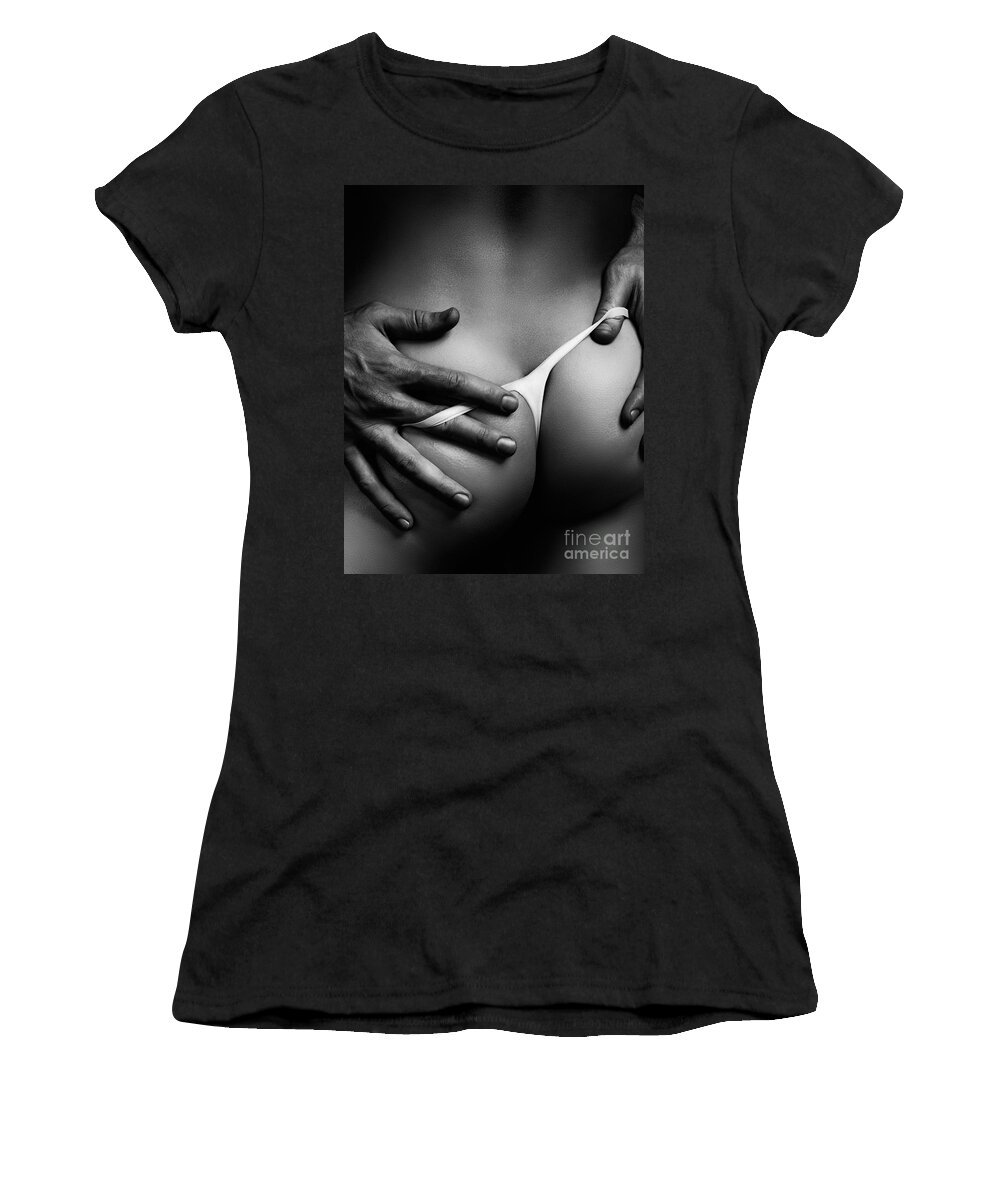 Sexy closeup of man hands taking off woman panties Womens T-Shirt by Maxim Images Exquisite Prints photo