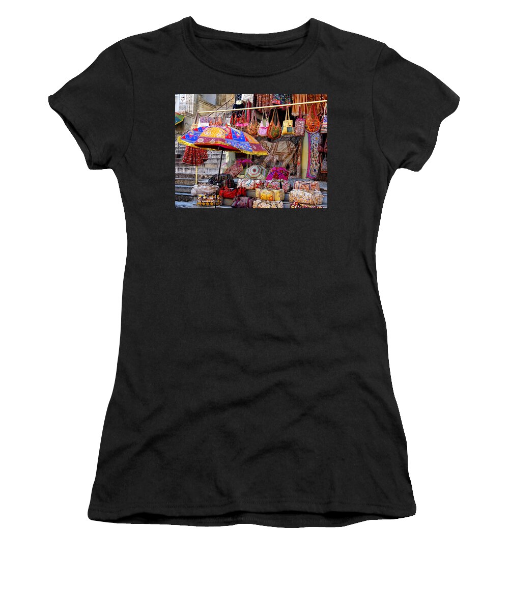 Shopping Women's T-Shirt featuring the photograph Shopping Colorful Bags Sale Jaipur Rajasthan India by Sue Jacobi